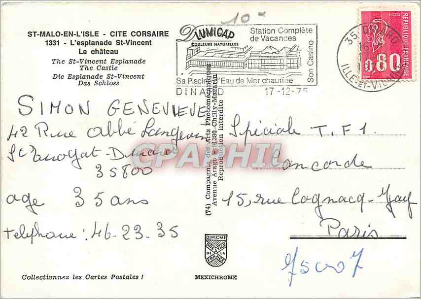 St-Malo-en-l'Isle - L'esplanade St-Vincent — Le château — éditeur MEXICHROME, n° de série (74) — Reverso