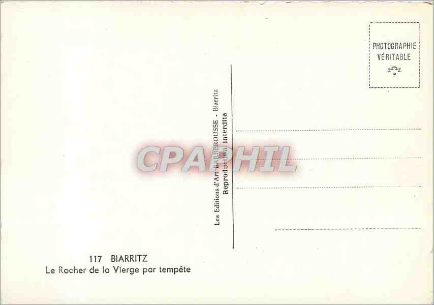 Le Rocher de la Vierge à Biarritz — tempête — Les Éditions d'Art A. Herrousse, n°117 — Rückseite