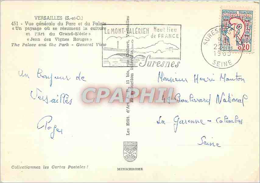 Versailles — Vue générale du Parc et du Palais — éditeur Lemont-Alérien — Verso