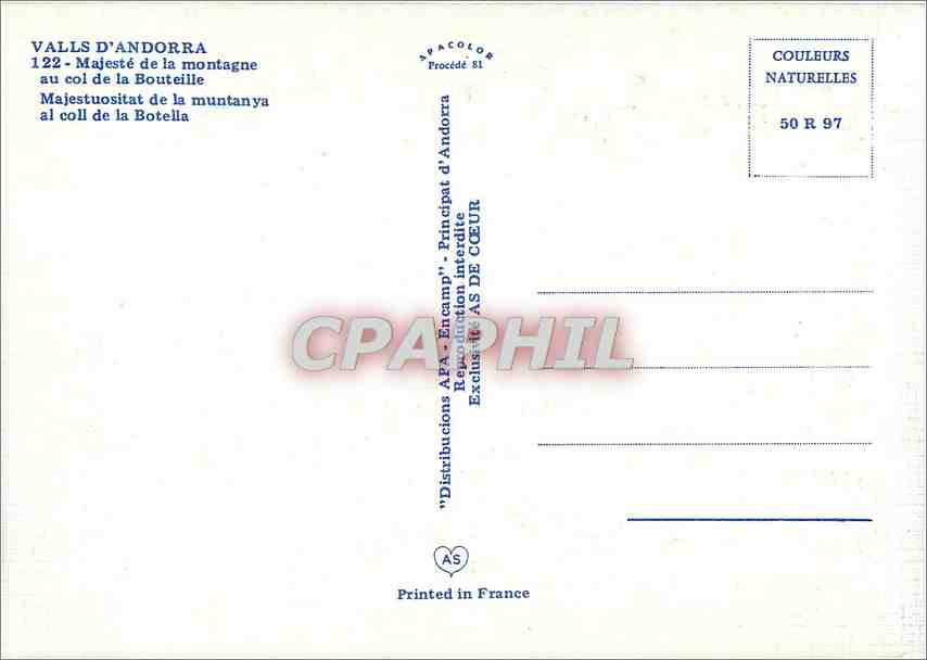 CPM Valls d'Andorra Majeste de la montagne au col de la Bouteille — Rückseite