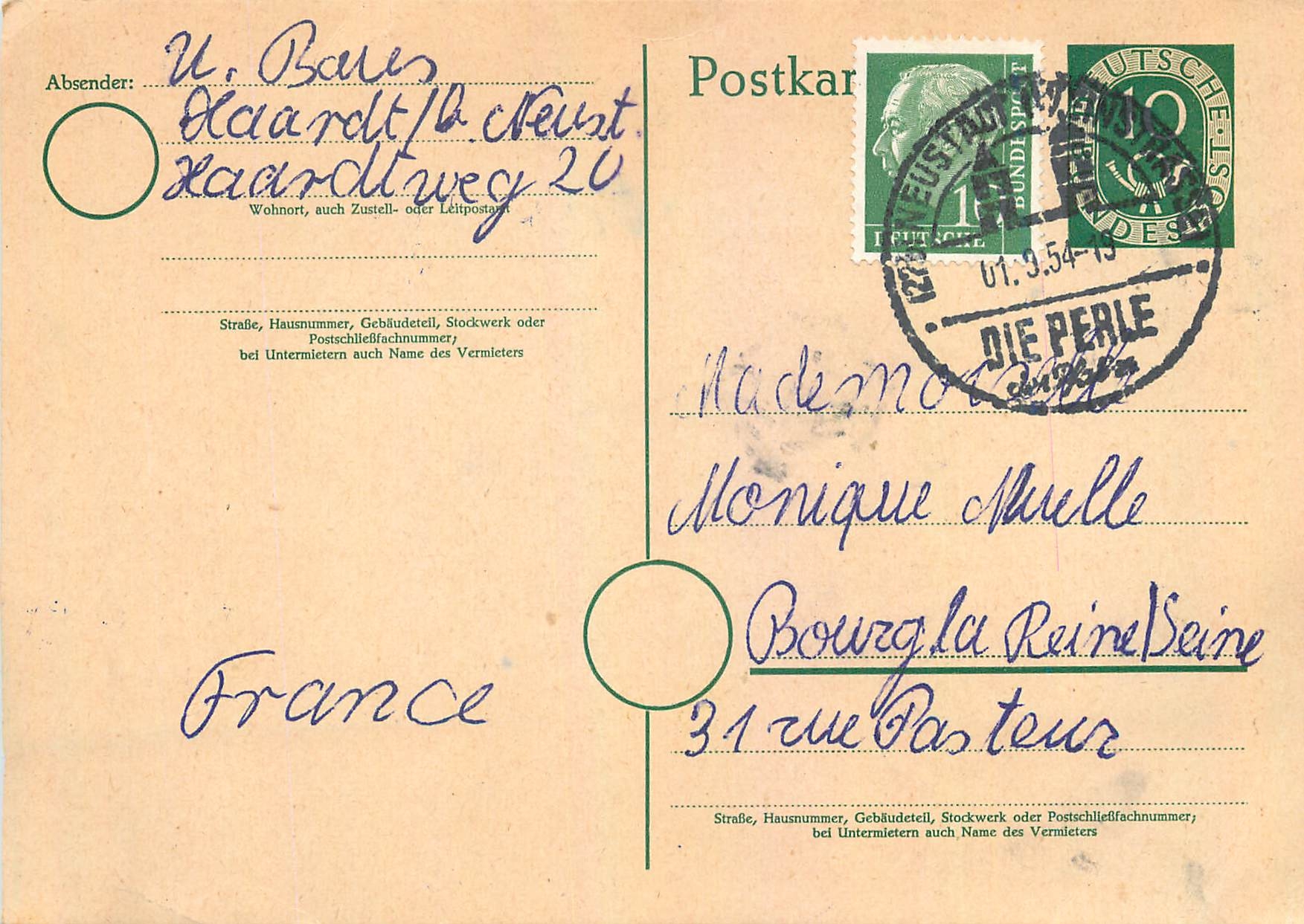 Entier Postal Allemagne 1954 pour Bourg la Reine