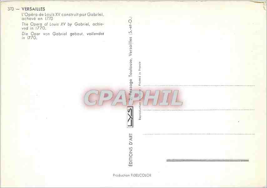 CPM Versaille L'Opera de Louis XV construit par Gabriel acheve en 1770 — Verso