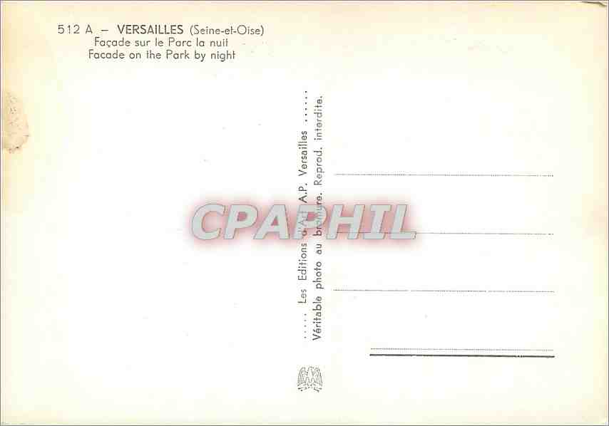 CPM Versailles (Seine et Oise) Facade sur le Parc la nuit — Verso