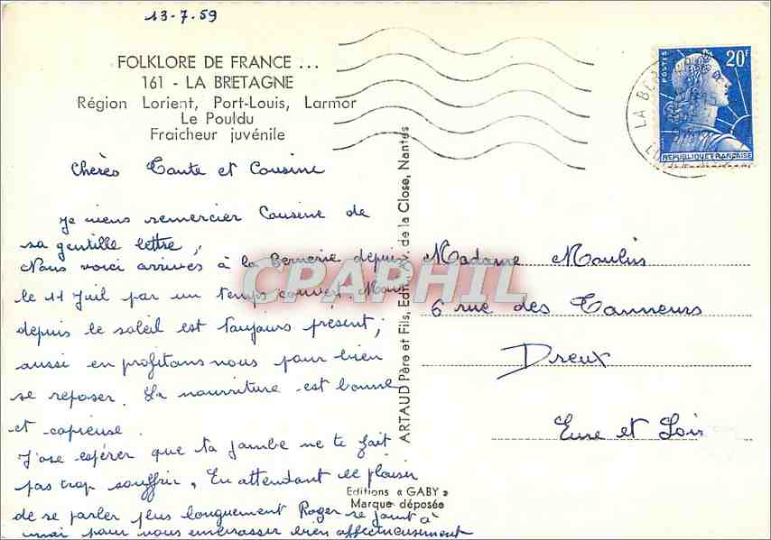 CPM Folklore de France La Bretagne Region Lorient Port Louis Larmor Le Pouldu Fraicher juvenile — Rückseite