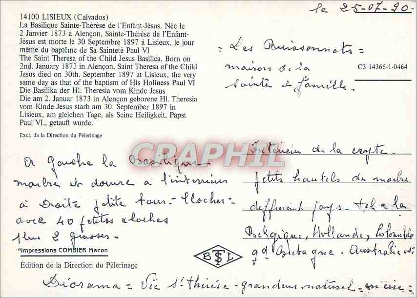 Basilique Sainte-Thérèse de Lisieux — éditeur Impressions COMBIER Macon, n° C3 14366-1-0464 — Achterkant