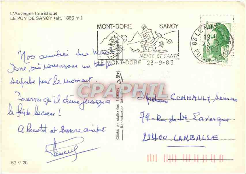 CPM L'Auvergne touristique Le Puy de Sancy (alt 1886 m) — Rückseite