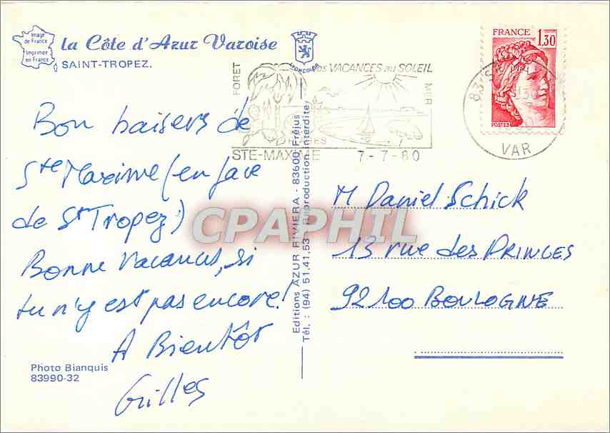 CPM La Cote d'Azur Varoise Saint Tropez — Rückseite