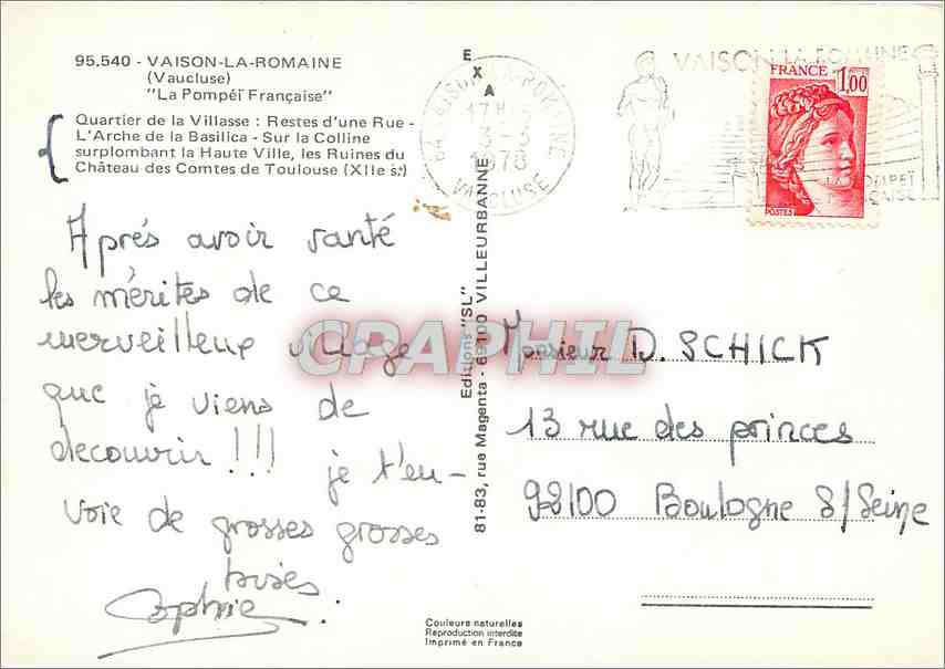 Vaison-la-Romaine — Quartier de la Villasse, ruines romaines et château — Éditions 'SL' n° 95.540 — Rückseite