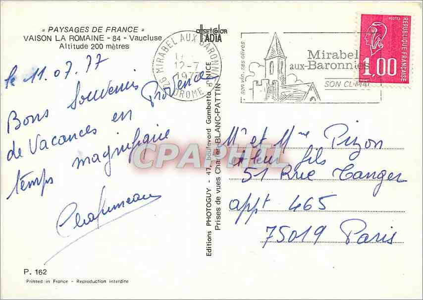 CPM Paysages de France Vaison la Romaine Vaucluse alt 200 m — Rückseite