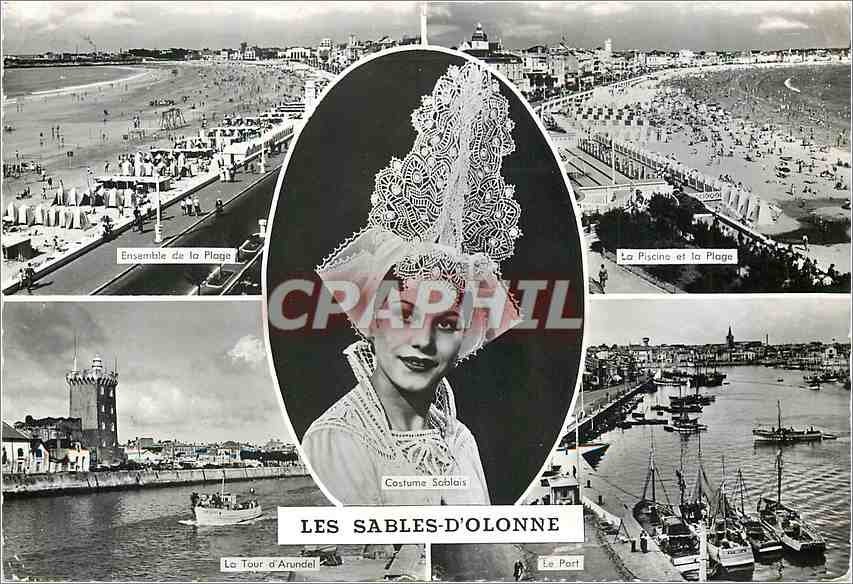 CPM Les Sables d'Olonne Ensemble de la plage La piscine et la plage La Tour d'Arundel Le port Bateau
