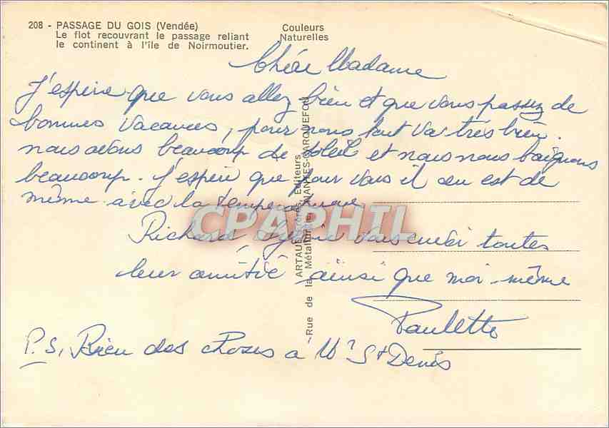 CPM Passage du Gois (Vendee) Le flot recouvrant le passage reliant le cotinent a l'ile de Noirmoutie — Rückseite