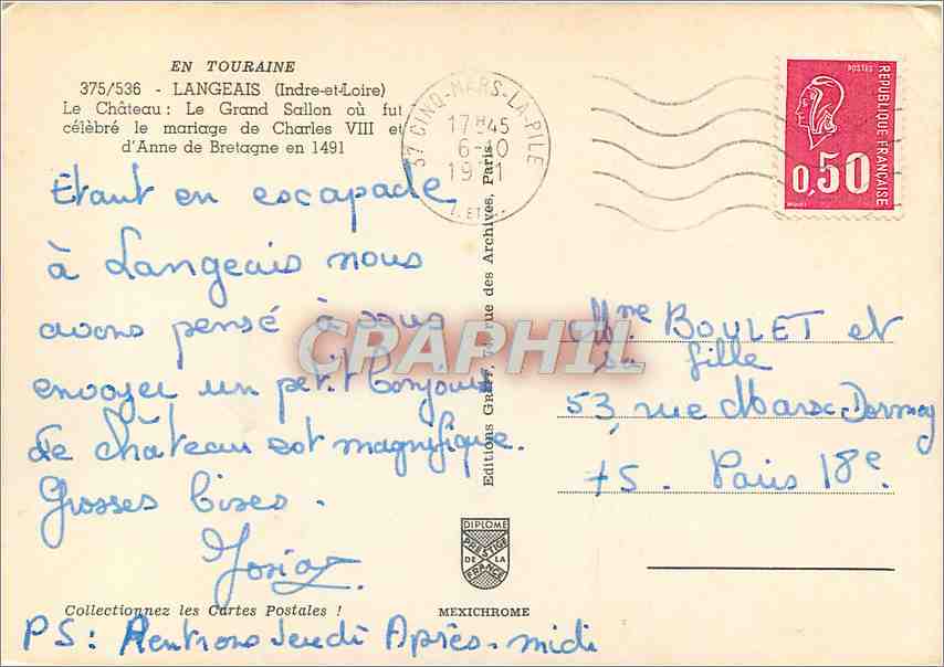 CPM En Touraine Langeais (Indre et Loire) Le chateau — Verso