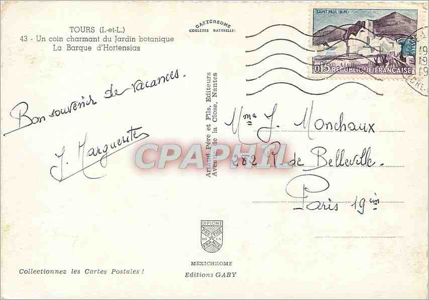 CPM Tour (I et L) Un coin charmant du jardin botanique la Barque d'Hortensias — Rückseite