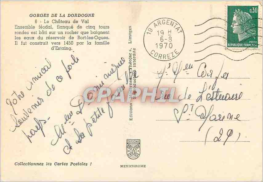CPM Gorges de la Dordogne Le chateau de Val — Rückseite