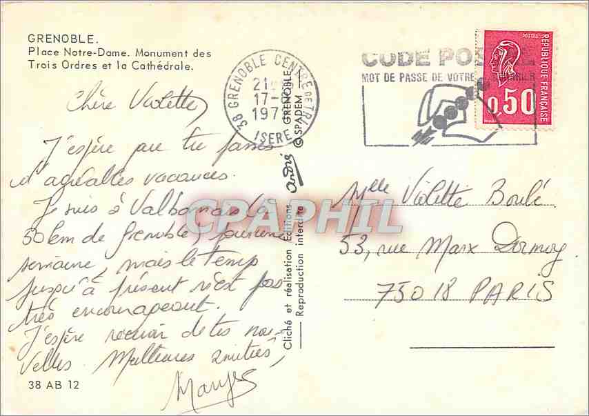 CPM Grenoble Place Notre Dame Monument des Trois Ordres et la Cathedrale — Rückseite