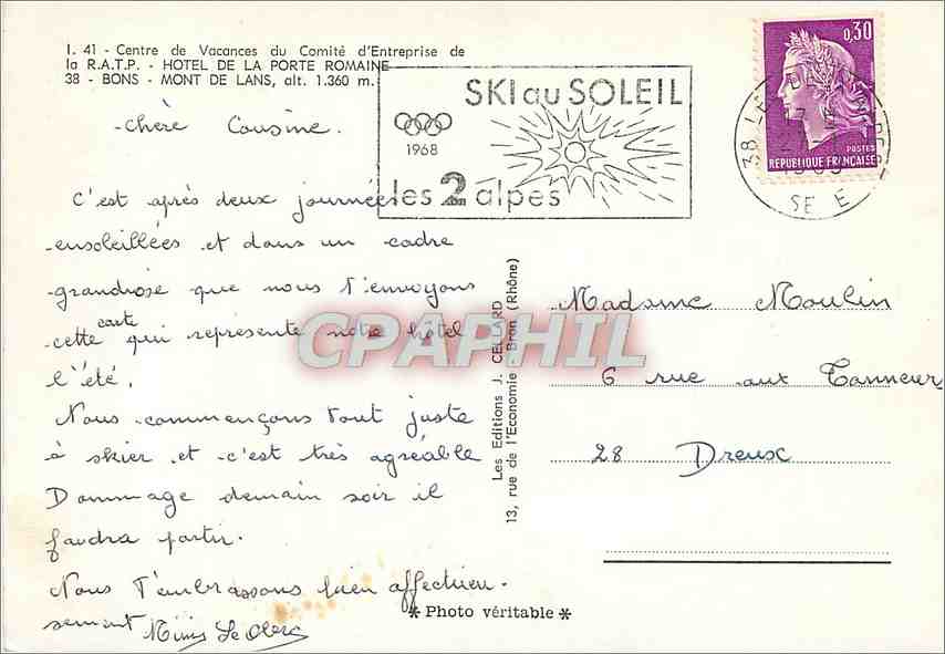 Hôtel de la Porte Romaine — Centre de Vacances du Comité d'Entreprise de la R.A.T.P. — Ski au Soleil 1968 — Verso
