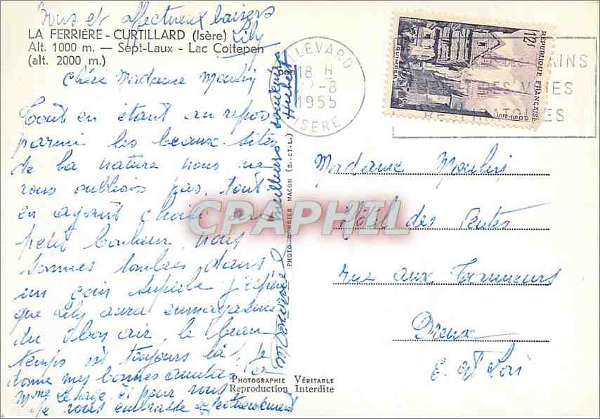 CPM La Ferriere Curtillard (Isere) Alt 1000 m Sept Laux Lac Cottepen (alt 2000 m) — Rückseite