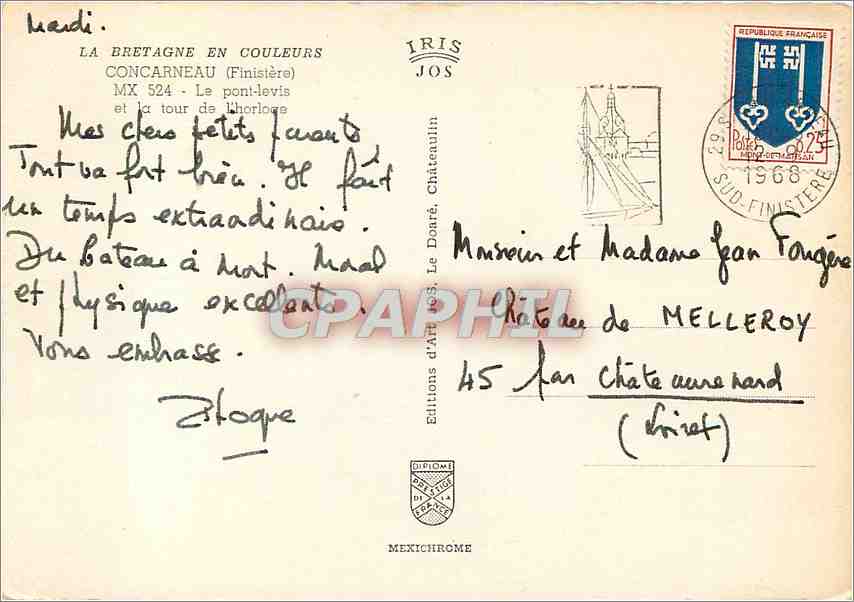 CPM La Bretagne en Couelurs Concarneau (Finistere) Le pont Levis et la tour de l'Horloge Bateau de p — Rückseite