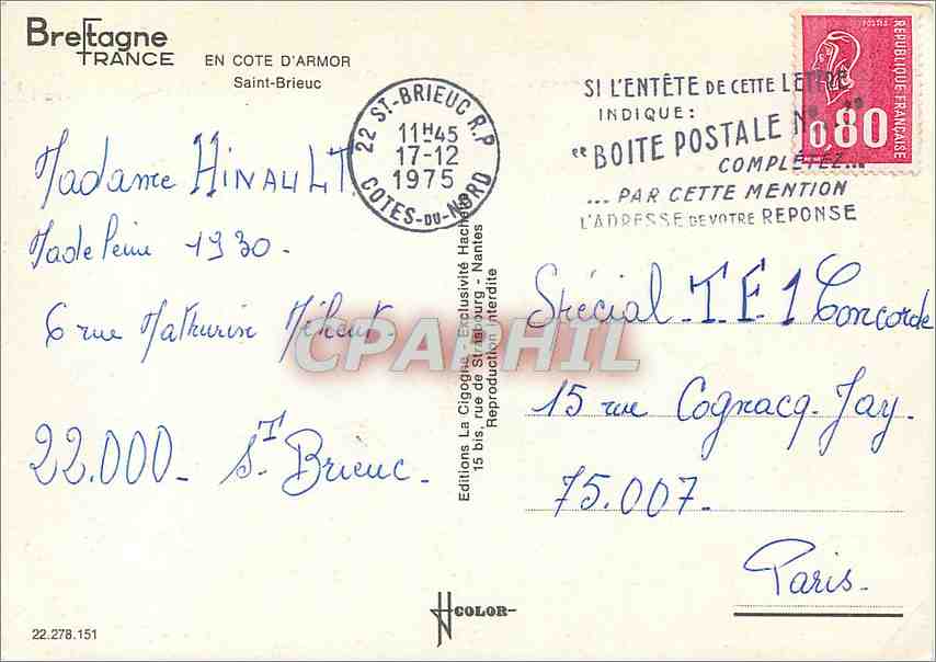 CPM Bretagne France En cote d'Armor Saint Brieuc — Rückseite
