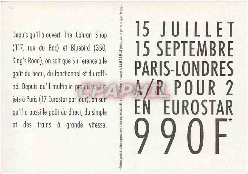 CPM London Paris d'un seul trait Sir Terence Conran Eurostar Train — Back