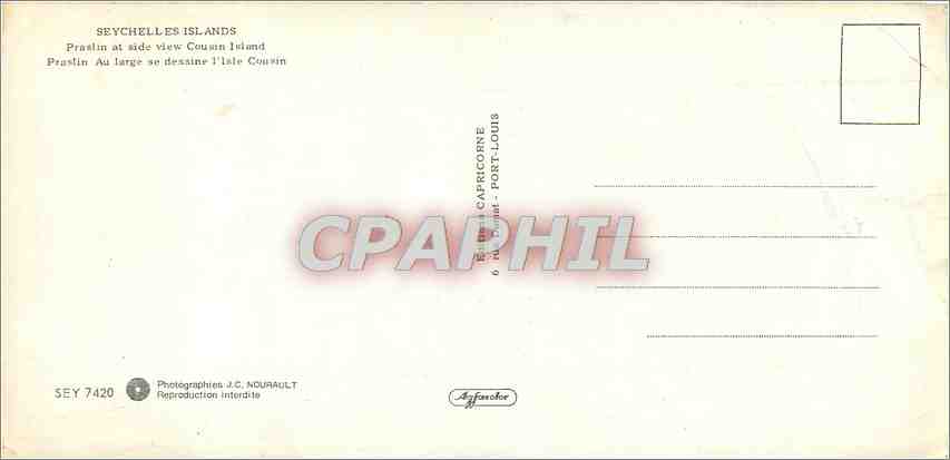 CPM Seychelles Islands Prastin au large se dessine l'Isle Cousin — Rückseite