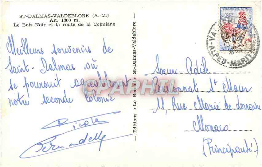 CPM St Dalmas Valdeblore (A M) Alt 1300 m Le Bois Noir et la route de la Colmiane — Rückseite