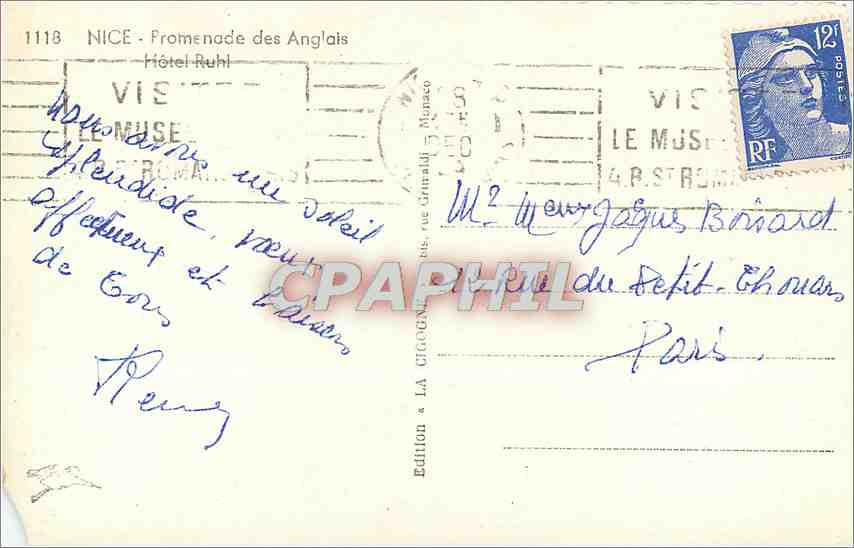 CPM Nice Promenade des Anglais Hotel Ruhl — Verso