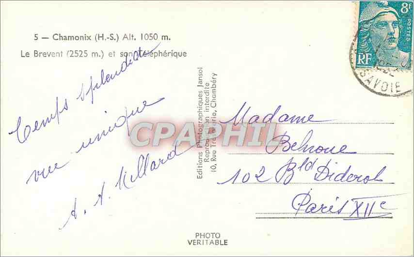 CPM Chammonix (H S) alt 1050 m le Brevent (2525 m) et son Telepherique — Verso