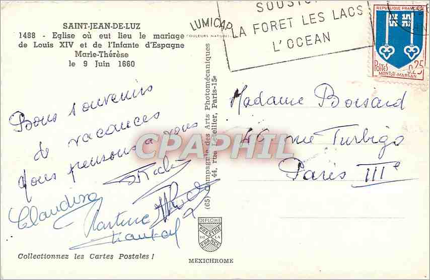 CPM Saint Jean de Luz Eglise ou eut lieu le mariage de Louis XIVet l'Infante d'Espagne Marie Therese — Verso