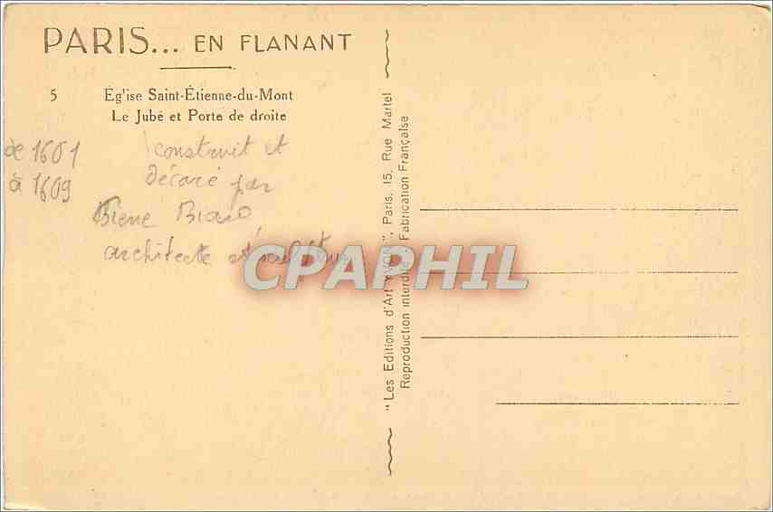 CPA Paris en Flanant Eglise Saint Etienne du Mont Le Jube et Porte de droite — Rückseite