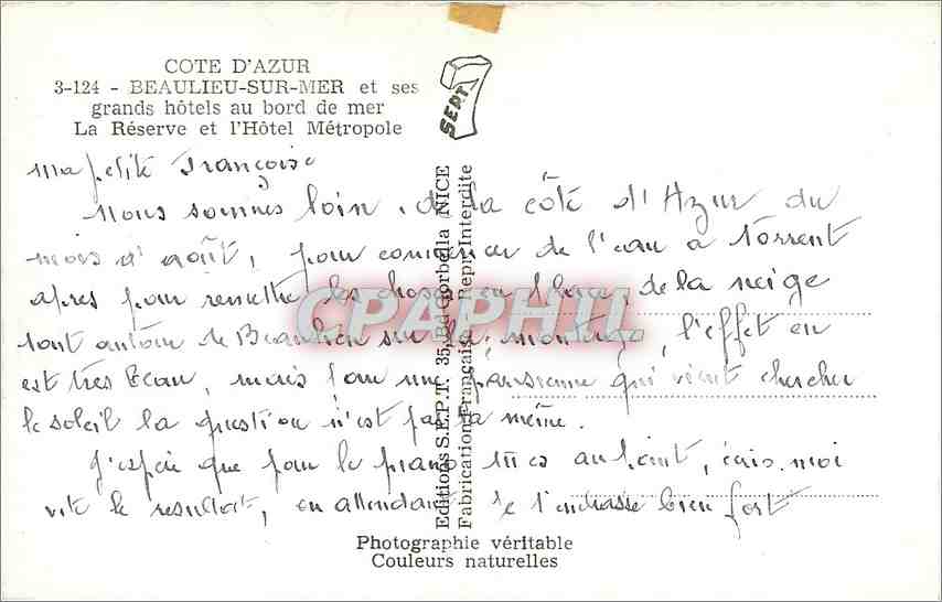 CPM Cote d'Azur Beaulieu sur Mer et ses grands hotels au bord de mer la reserve et l'Hotel Metropole — Rückseite