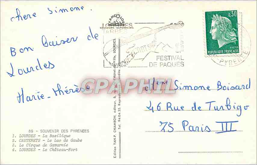 CPM Souvenir des Pyrenees Lourdes La Basilique Cauteret le lac de Gaube — Verso