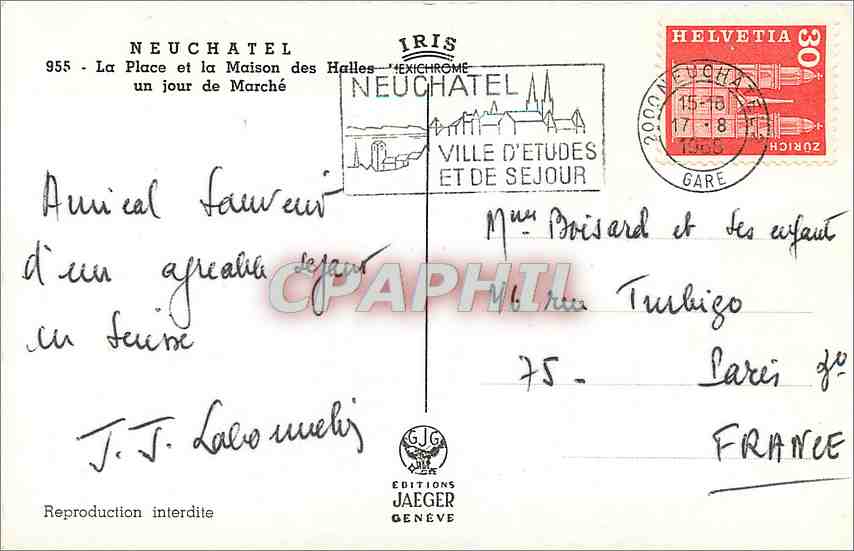 CPM Neuchatel La Place et la Maison des Hallesss un jour de Marche — Rückseite