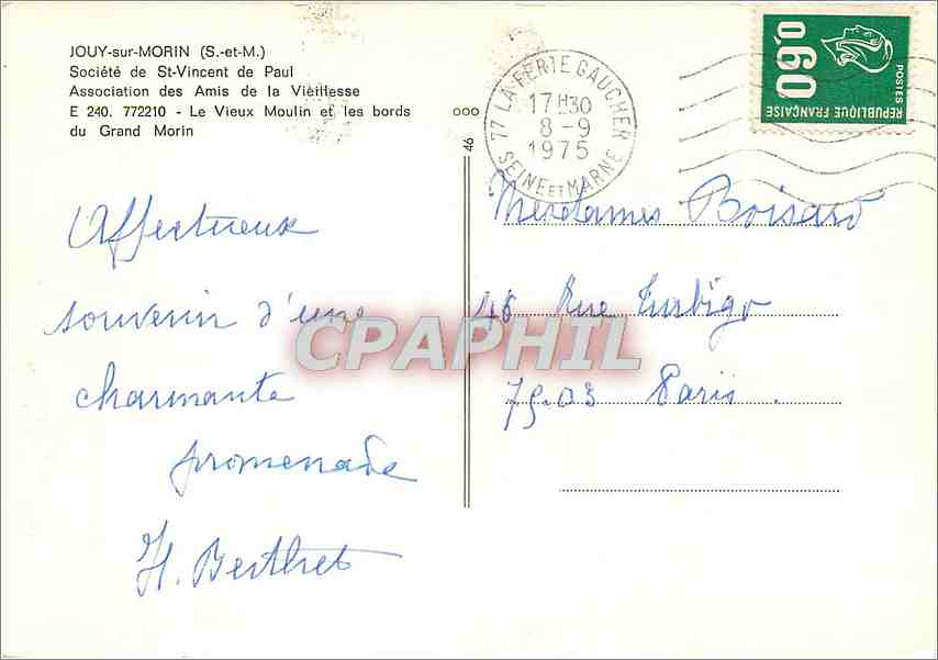 CPM Jouy sur Morin (S et M) Societe de St Vincent de Paul Association des amis de la Vieillesse — Rückseite