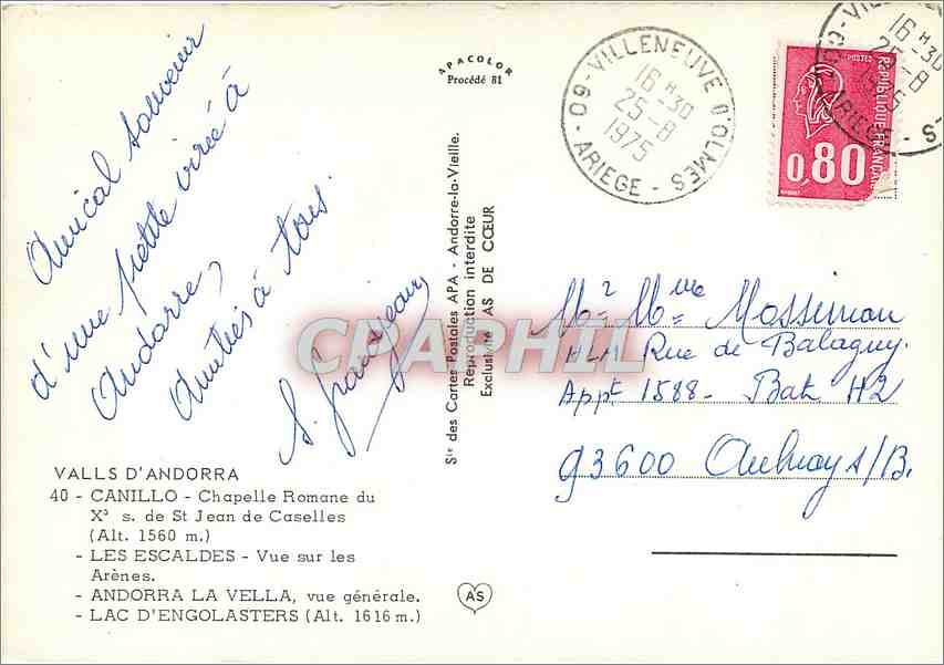 CPM Valls d'Andorra Canillo Chapelle Romane Xe s de St Jean de Caselles (alt 1560m) — Rückseite