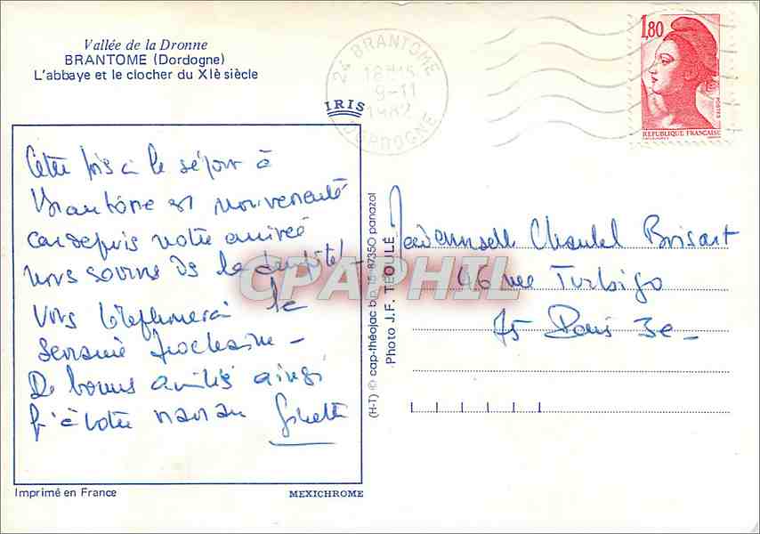 CPM Vallee de la Dronne Brantome (Dordogne) L'abbaye et le clocher du XOe s — Rückseite