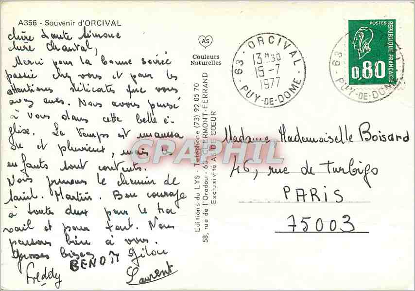CPM Souvenir d'Orcival — Verso