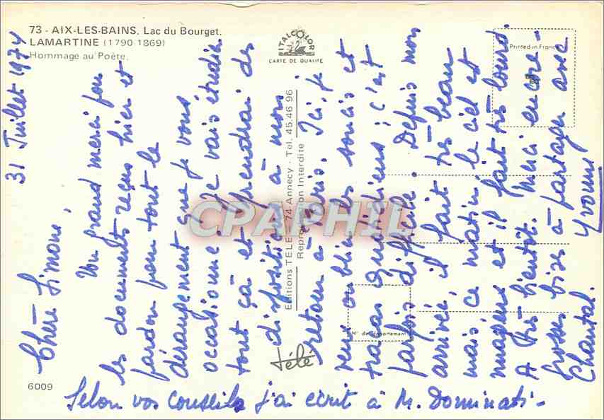 CPM Aix les Bains lac du Bourget Lamartine (1790 1869) Hommage au Poete — Verso