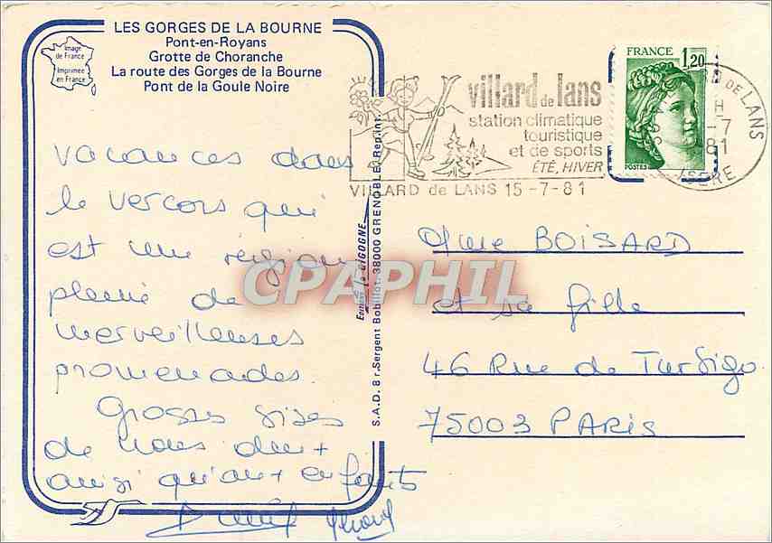 CPM Les Gorges de la Bourne Pont en Royans Grotte de Choranche La route des Gorges de la Bourne Pont — Rückseite