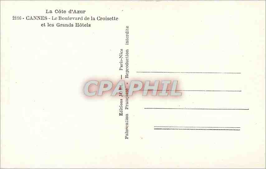 CPM La Cote d'Azur Cannes le Boulevard de la Croisette et les Grand Hotel — Rückseite
