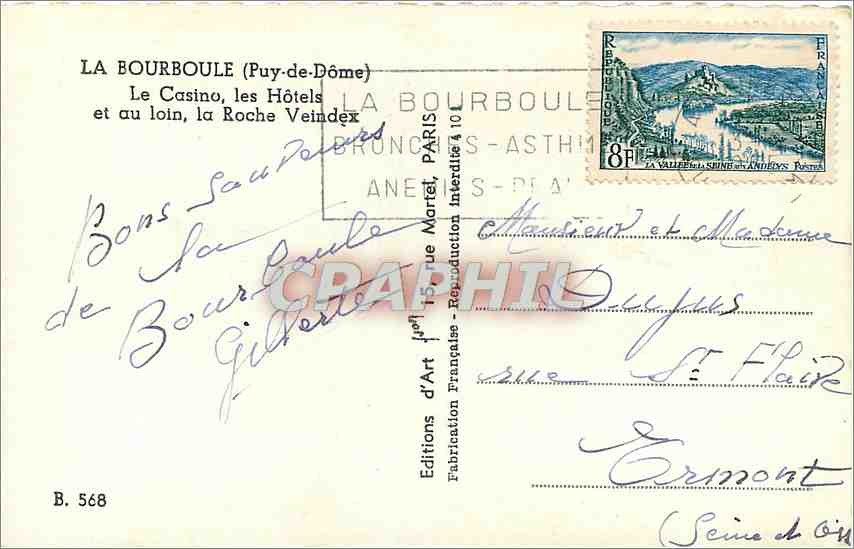 CPM La Bourboule (Puy de Dome) Le Casino les Hotels et au Loin la Roche Veindex — Rückseite