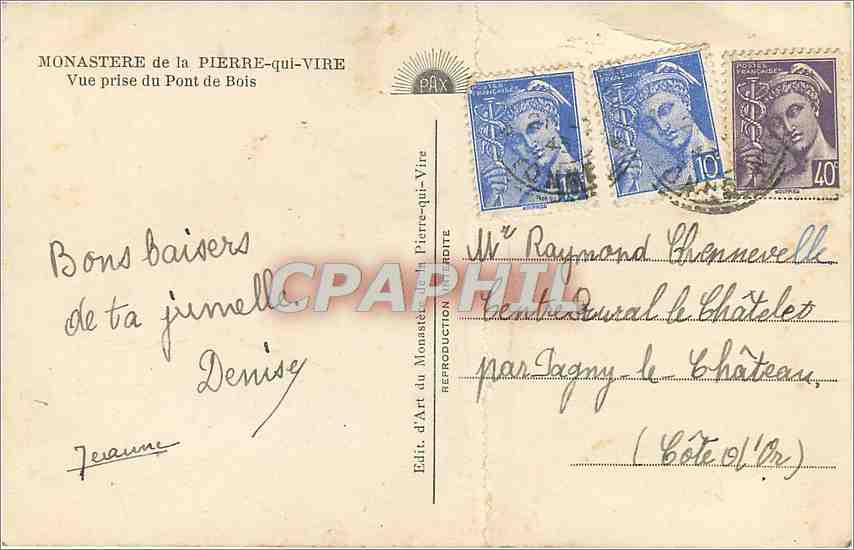 Monastère de la Pierre-qui-Vire — Vue prise du Pont de Bois — Édit. d'Art du Monastère de la Pierre-qui-Vire — Reverso