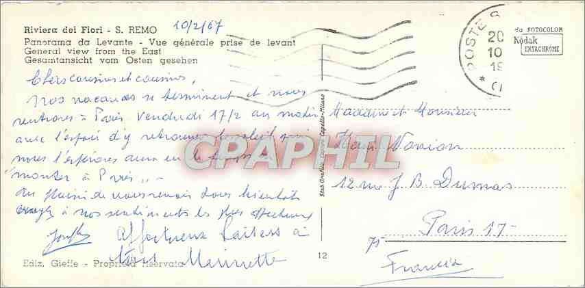 CPM Riviera dei Flori S Remo Vue generale prise de levant — Rückseite