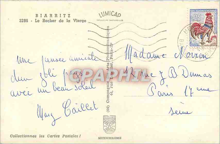 Biarritz - Le Rocher de la Vierge — éditeur Lumicad, n° 3296 — Rückseite