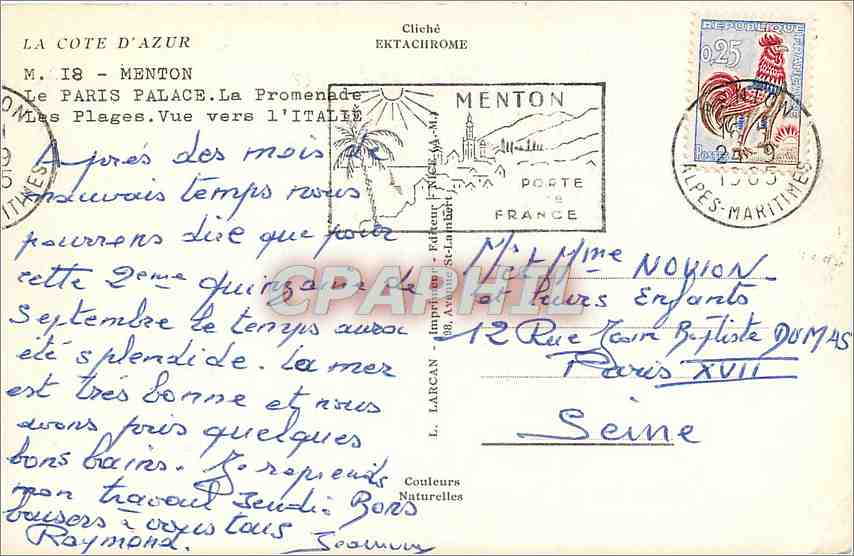 CPM La Cote d'Azur Menton Le Paris Palace La Promenade les PLages vue vers l'Italie — Reverso