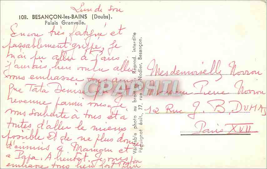 CPM Besancon les Bains (Doubs) Palalis Granvelle — Rückseite