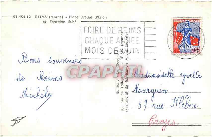 CPM Reims (Marne) Place Drouet d'Erlon et Fontaine Sube — Rückseite