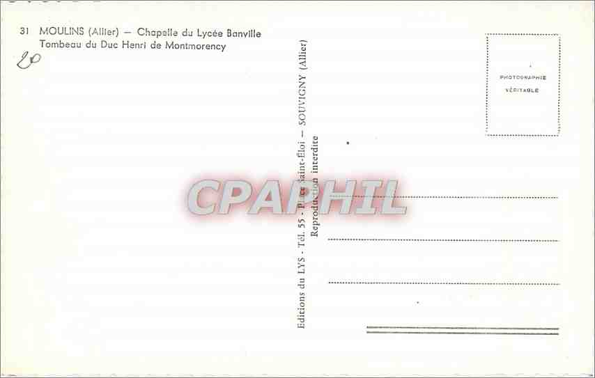 CPM Moulins (Allier) Chapelle du Lycee Banville Tombeau du Duc Henri de Montmorency — Rückseite