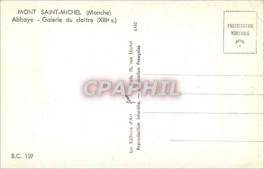 CPM Mont Saint Michel (Manche) Abbaye Galerie du Cloitre (XIIIe s) — Verso