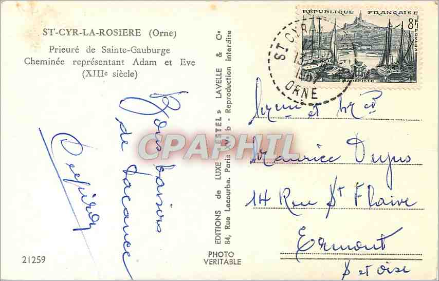 Prieuré de Sainte-Gauburge — Cheminée représentant Adam et Ève — Éditeur Estel, n° 21259 — Rückseite